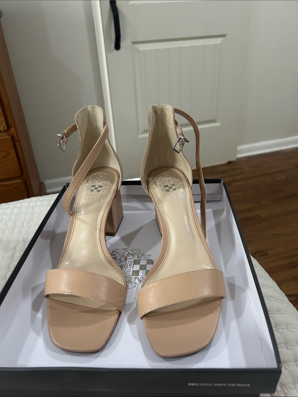 Vince Camuto Beige Ankle-Strap Block Heel Sandals